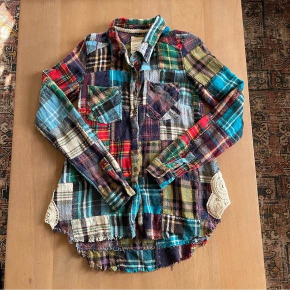 Free People Patchwork Lost In Plaid Flannel Boho Shirt Top Button Down *rare - Picture 4 of 11